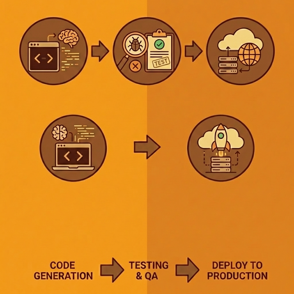 Three-step process showing code generation, testing, and deployment leading to production